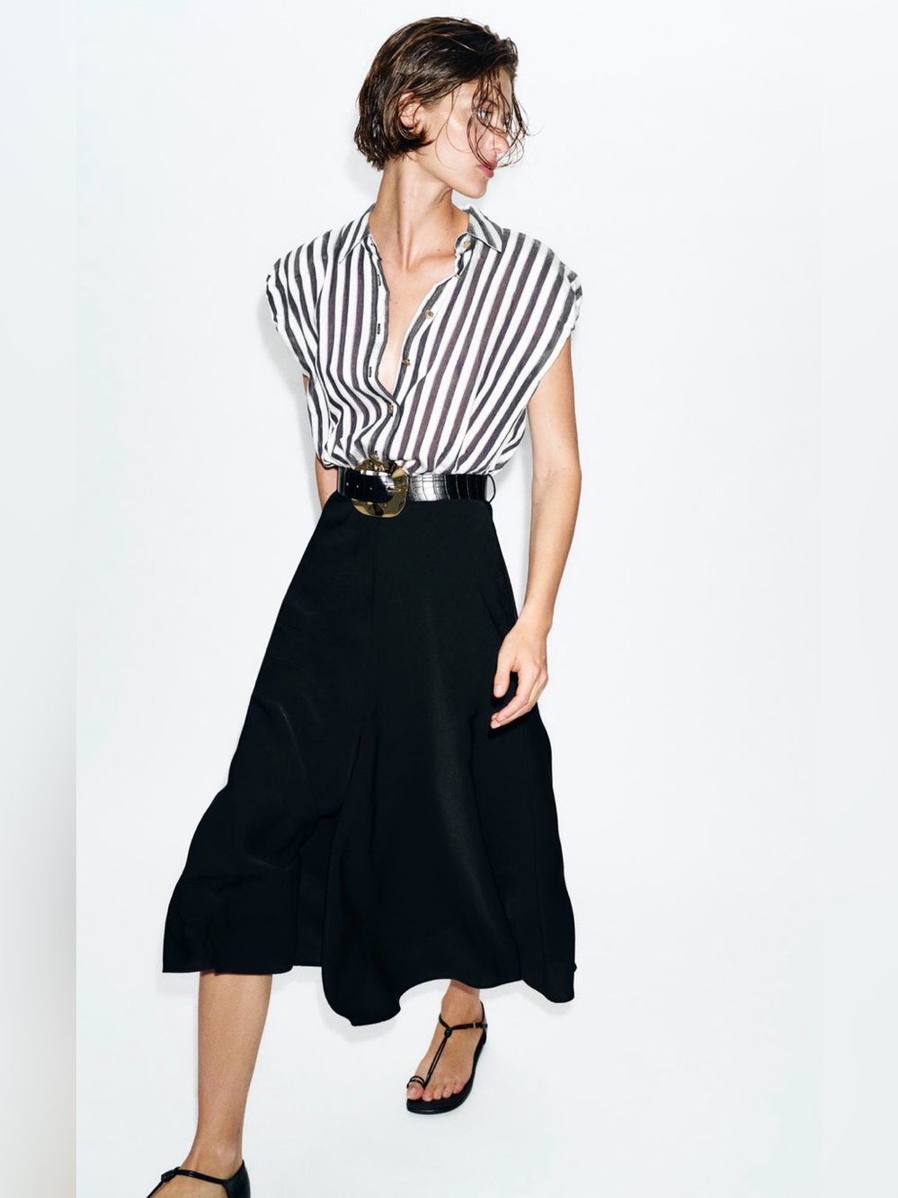 NWT Zara Women’s Combined Belted Black A-Line Midi Dress Ecru Black3564/084 $89